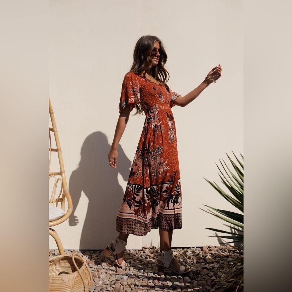 Bohme Orange Floral Backless Dress Size Medium